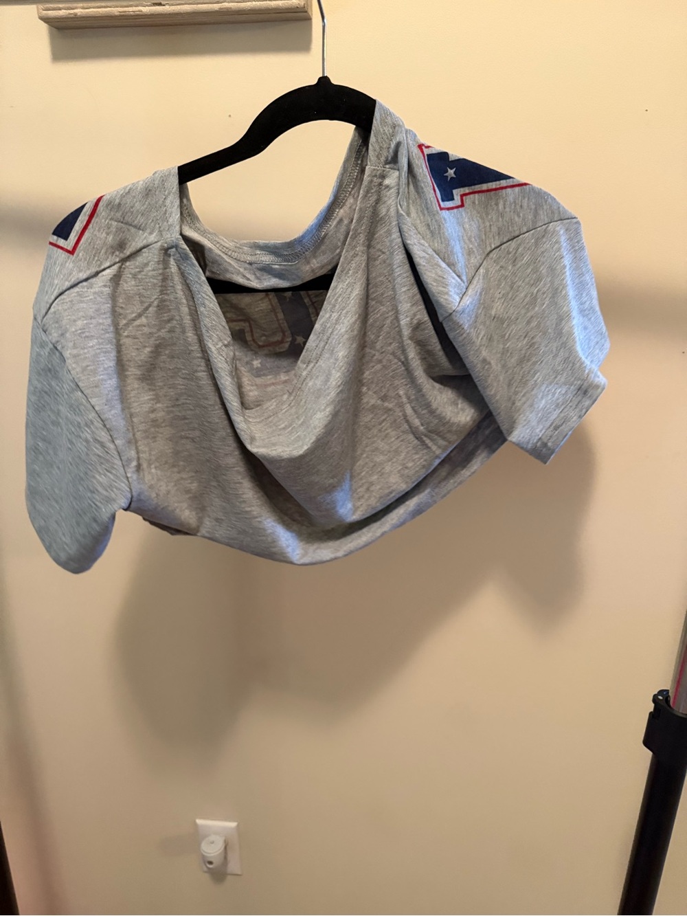 Grey Graphic Off The Shoulder Crop Top with luck in Navy Lettering - Picture 2 of 2